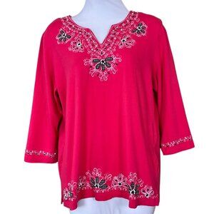 Alfred Dunner 3/4 Sleeve Split Neck Floral Yoke Embroidered Beaded Top Sm